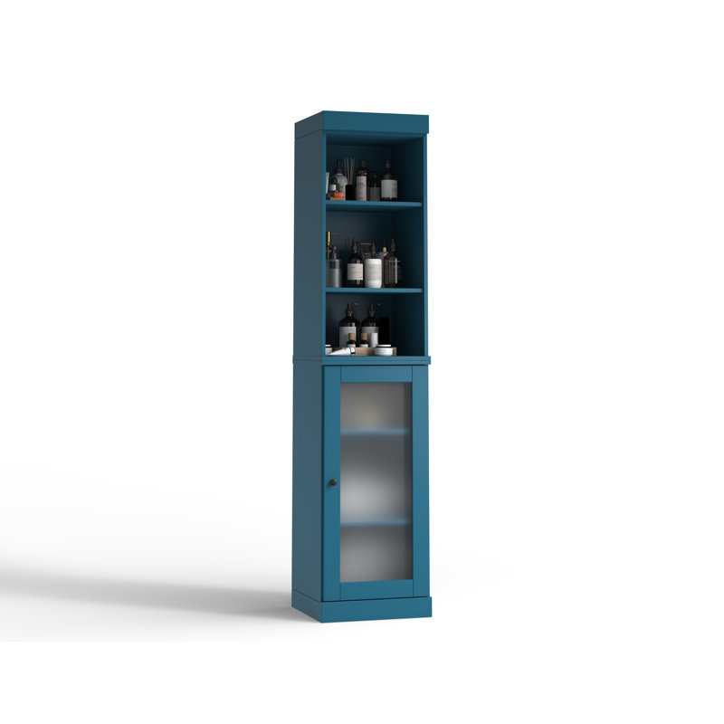 Armoire de rangement 100% bois massif 16,5 po avec portes en verre givré et tablettes réglables, Bleu sarcelle