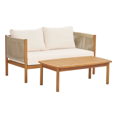 Outdoor Loveseat and Coffee Table Set with Acacia Wood Frame, Rope Panels and Cushions