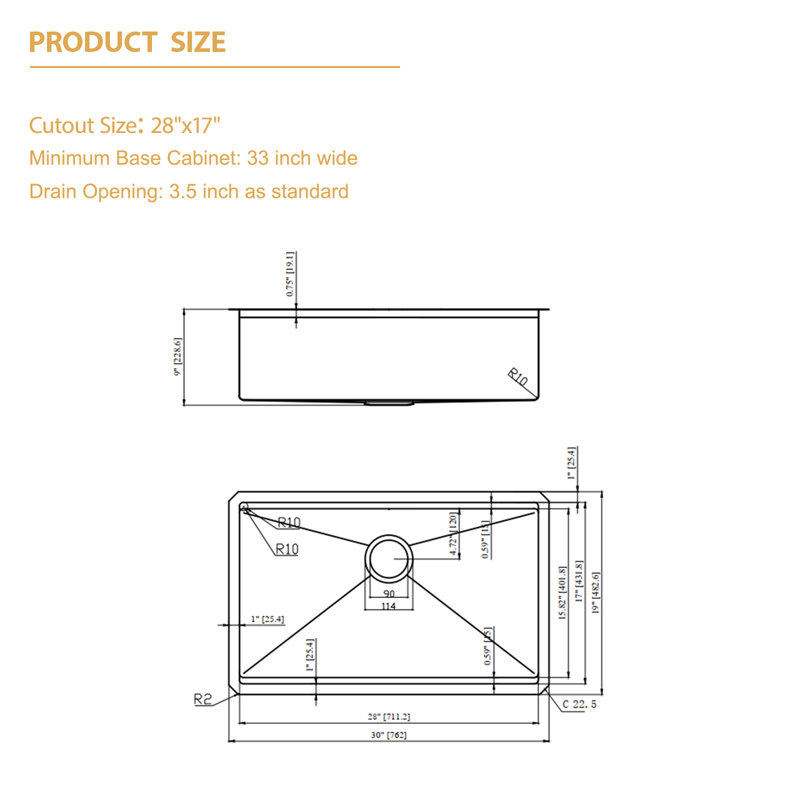 Évier de cuisine encastrable 33 po à cuve simple en acier inoxydable de calibre 16 avec accessoires 33 po