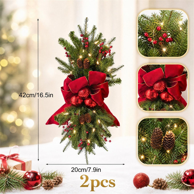 Ensemble de 2 guirlandes lumineuses de Noël en forme de larme pour porte d'entrée, décoration artificielle avec nœud rouge, baies et pommes de pin, décoration de Noël hivernale