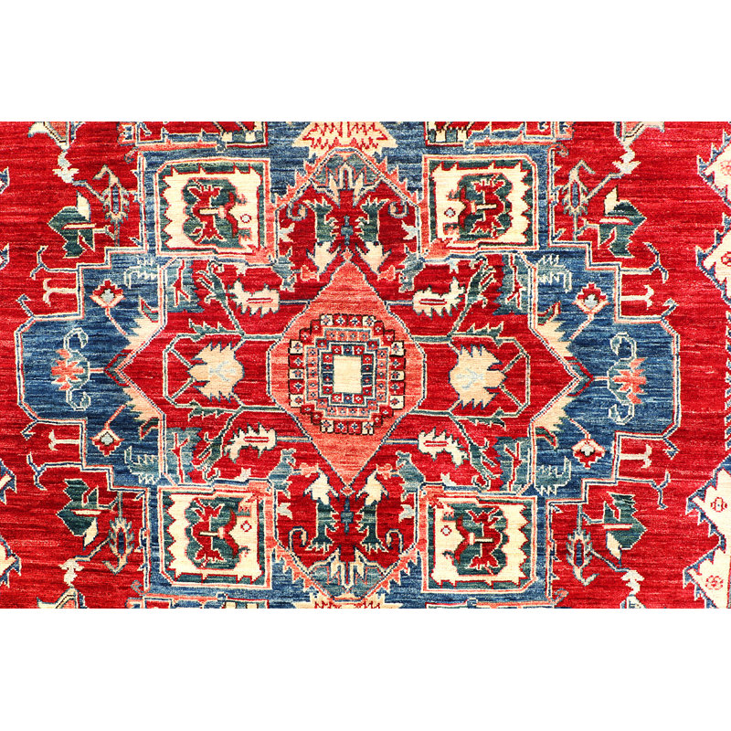 Tapis rouge / ivoire / bleu en laine noué à la main Southwestern