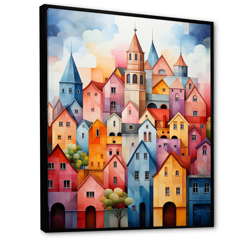Village arc-en-ciel coloré, Cadre flottant noir, H 44 po x l 34 po x P 1,5 po