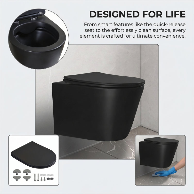 Toilette suspendue au mur noir mat moderne - technologie de chasse sans rebord, conception murale peu encombrante, siège à fermeture en douceur
