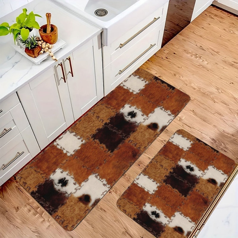 Brown White Cowhide Patchwork Kitchen Mats, 2-Piece Set Rustic Rugs For Kitchen & Cabin