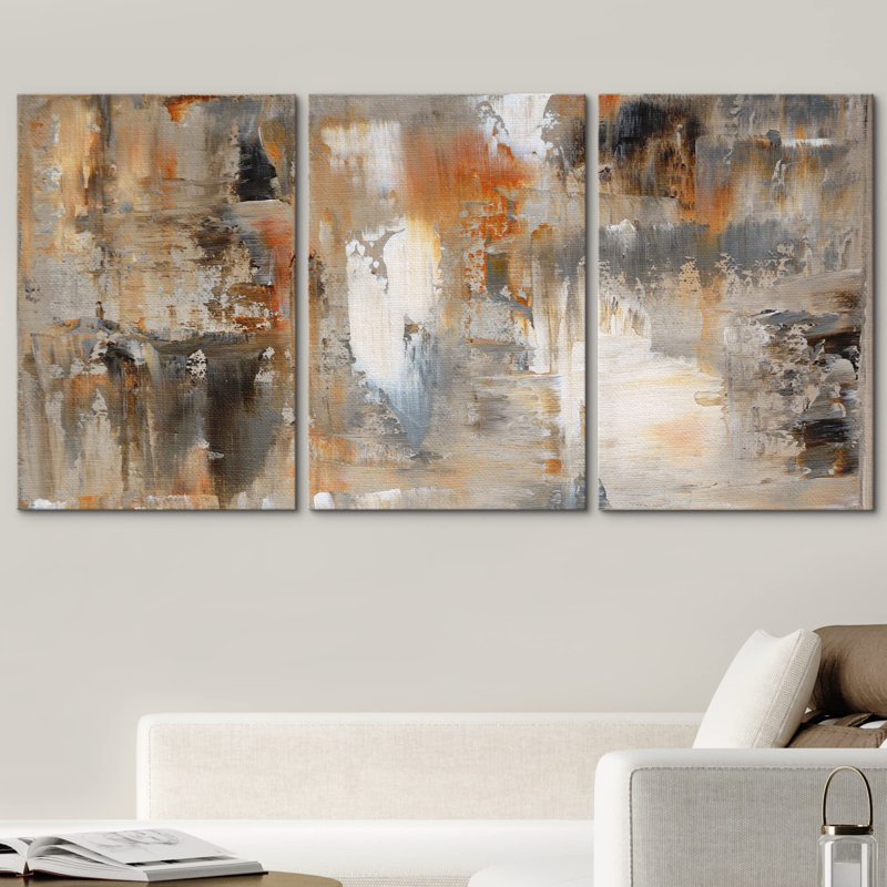 «Black, White and Orange Brushstrokes Abstract Shapes Chic Ultra on Canvas», reproduction de 3 pièces, H 24 po x l 48 po