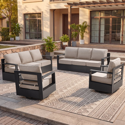 Ensemble de mobilier de jardin moderne et luxueux en aluminium, composé de 4 pièces, comprenant un canapé 3 places, un fauteuil à bascule pivotant à 360° et des coussins ultra-épais de 15 cm d'épaisseur, idéal pour terrasse, patio et jardin.