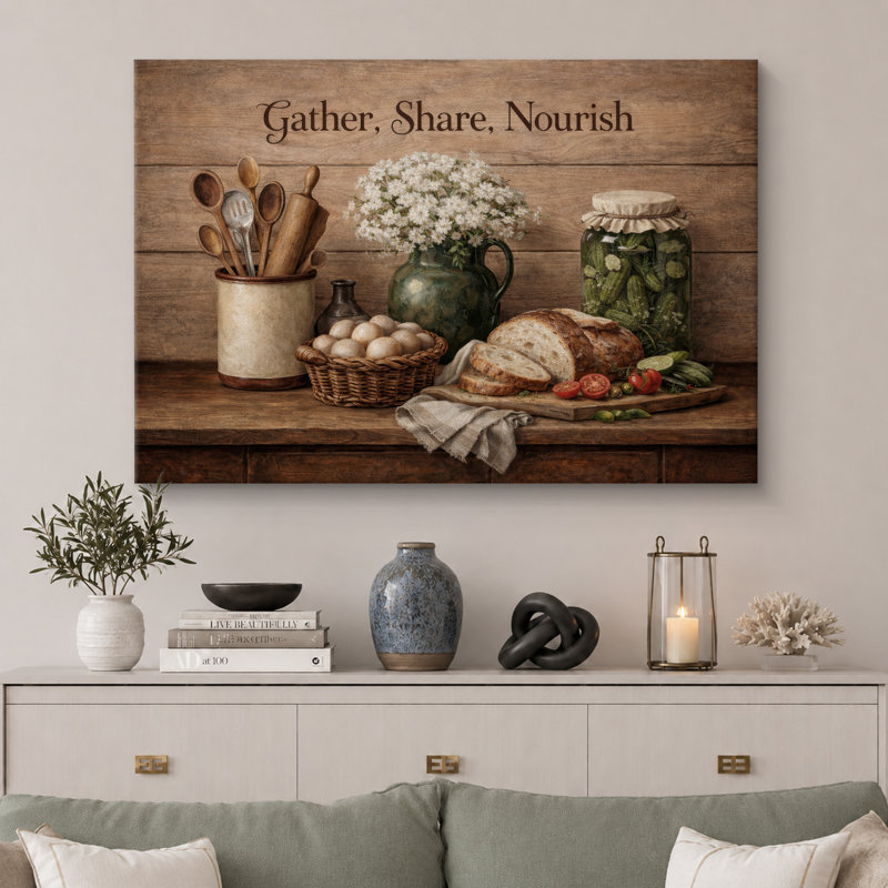 «Gather Part Nourish Rustic Kitchen Still Life», photos de salle à manger, impression sur toile encadrée, Toile tendue