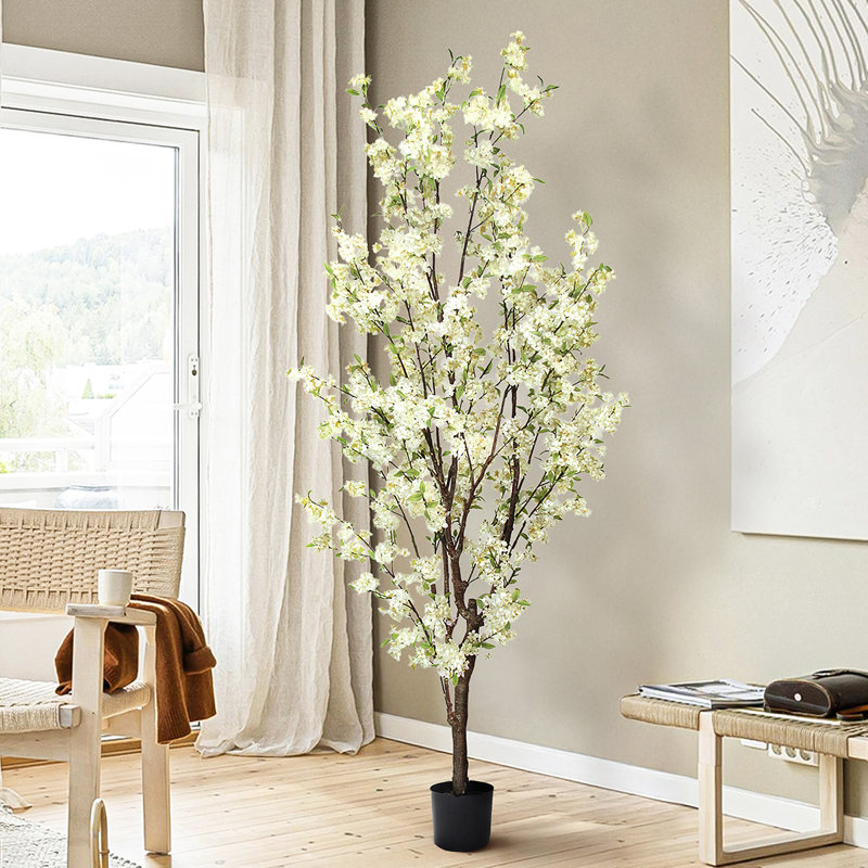 Cerisier artificiel en pot, Crème/blanc, H 102 po x l 46 po x P 42 po