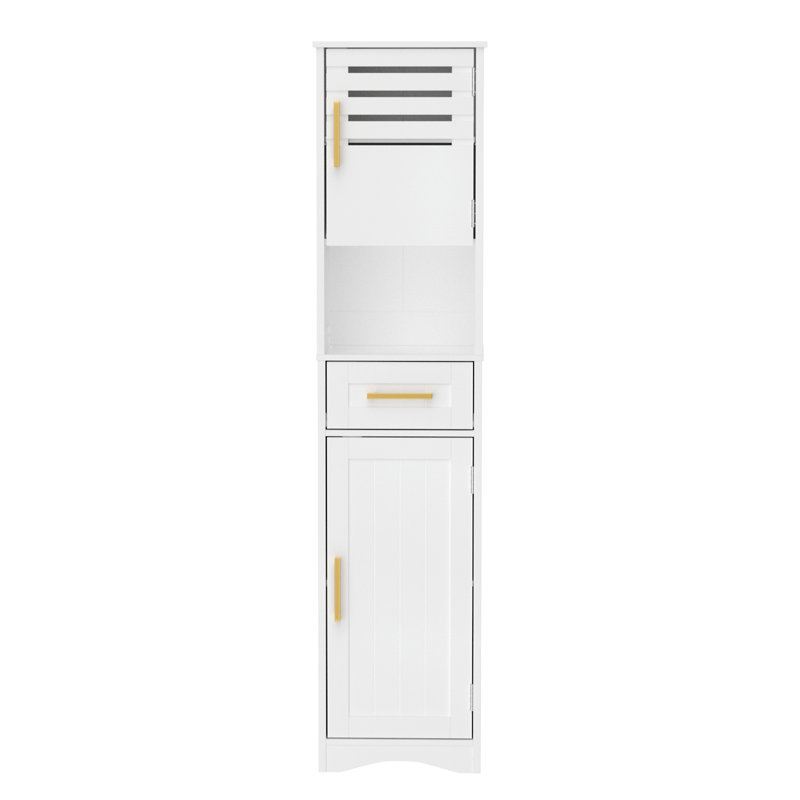 Tall Bathroom Floor Storage Cabinet,Narrow Slim Freestanding Cabinet With 1 Drawer And 2 Doors Storage Cabinet With 5 Adjustable Height Shelf, 15 X 12 X 67Inches, White