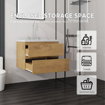 Meuble-lavabo flottant 24 po avec lavabo, tiroir à fermeture en douceur, comptoir et dosseret en marbre de culture blanc de 2 po Carrara