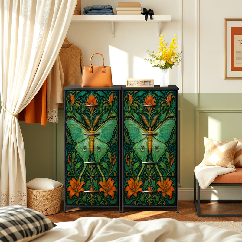 Commode pour la chambre à coucher avec 4 tiroirs de rangement Orné de papillons verts, de fleurs orange et de feuilles d'or