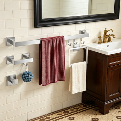Brushed Nickel Bathroom Hardware Set - 5 Piece Stainless Steel Wall Mounted Towel Bar, Toilet Paper Holder, and Hooks with Modern Square Design for Bathroom, Kitchen, and Laundry Room