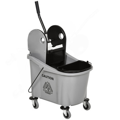 HOMCOM 9.5 Gallon (38 Quart) Mop Bucket With Wringer Cleaning Cart, 4 Moving Wheels, 2 Separate Buckets, & Mop-Handle Holder, Grey
