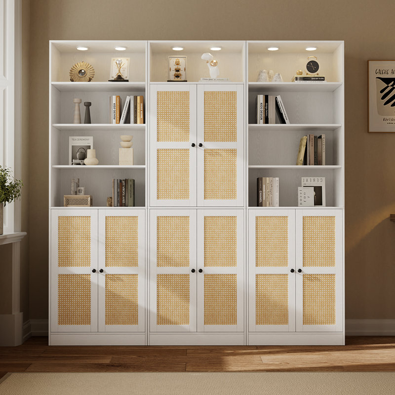 85.8" H X 70.8" W 7-Tier Large Rattan Storage Bookcase, Bookshelf With White Downlights