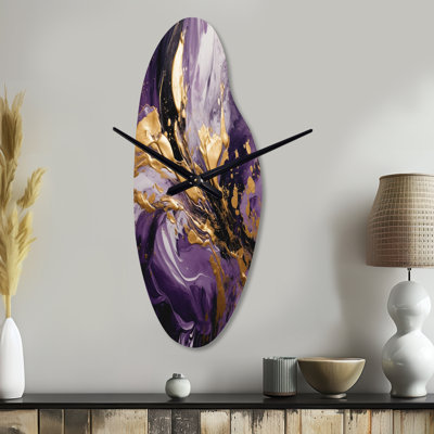Purple and Gold Liquid Magic II - Abstract Asymmetrical Metal Wall Clock, Modern Curved Wall Clock Print