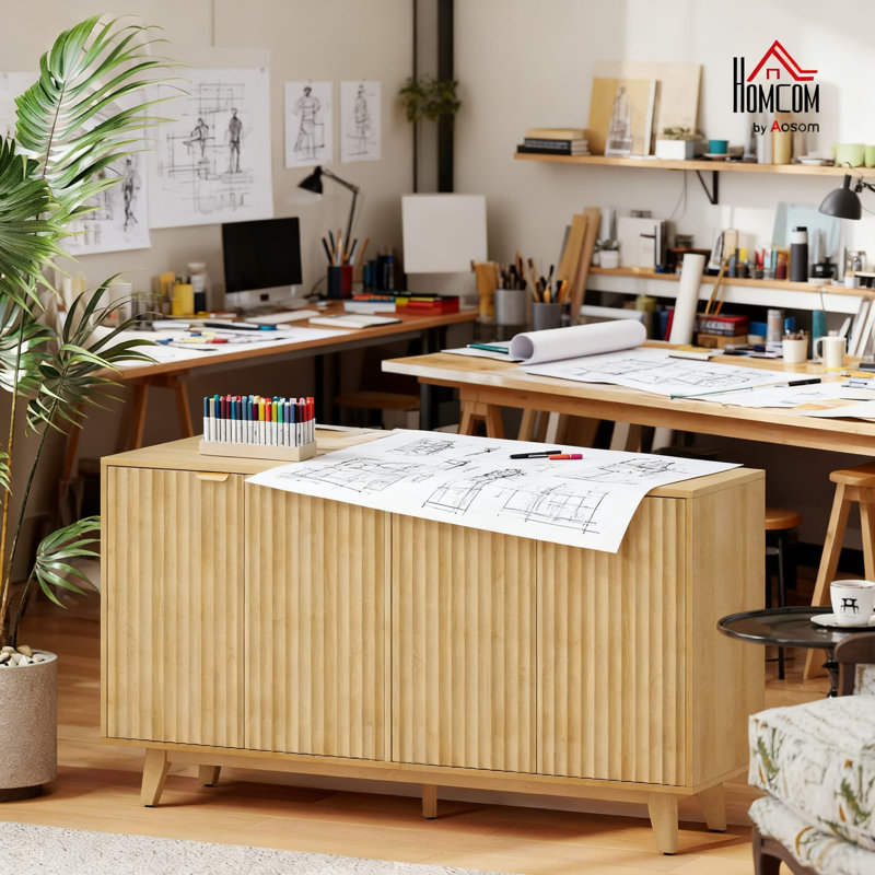 Modern Fluted Sideboard Buffet Cabinet With 4 Doors, 2 Adjustable Shelves, 5 Wood Legs And Anti-Tip Strap For Living Room, Dining Room Or Kitchen
