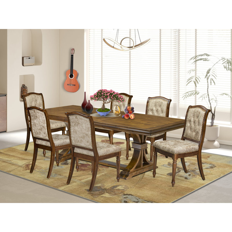 L'ensemble de salle à manger 7 pièces se compose d'une table de salle à manger rectangulaire moderne et de 6 chaises de cuisine en cuir PU beige clair, finition noyer antique