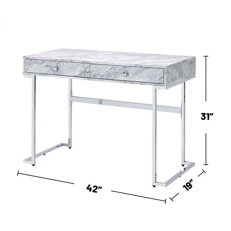 Bureau d'écriture rectangulaire avec 2 tiroirs, plateau en pierre d'ingénierie blanche et chrome