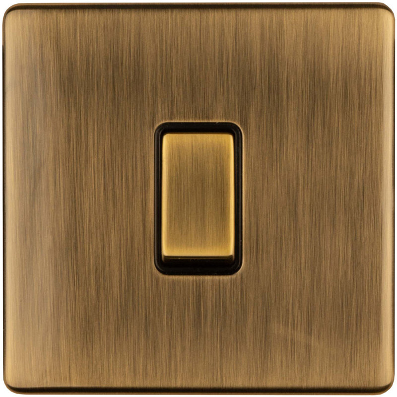 1 Gang Single 10A INTERMEDIATE Light Switch SCREWLESS SATIN BRASS Metal Rocker, Antique Brass, Gold