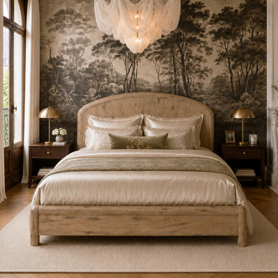 Knotty Oak Veneer Panel Bed with Arched Headboard