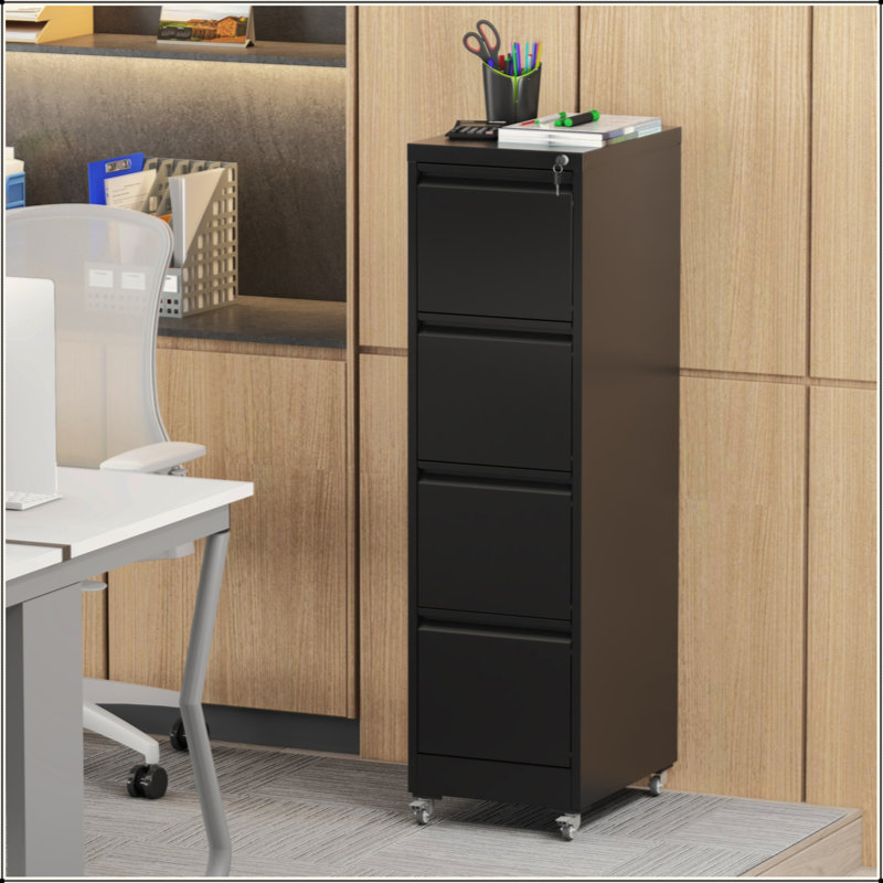 4 Drawer Metal Locking Vertical File Cabinet On Wheels – Heavy-Duty Lockable Cabinet For Home & Office, Black