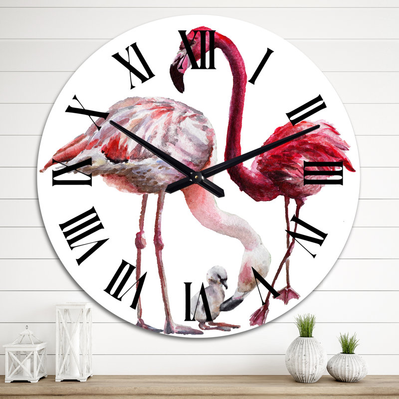 Ciel, flamants roses sur blanc Iii - Horloge murale traditionnelle, Moyen