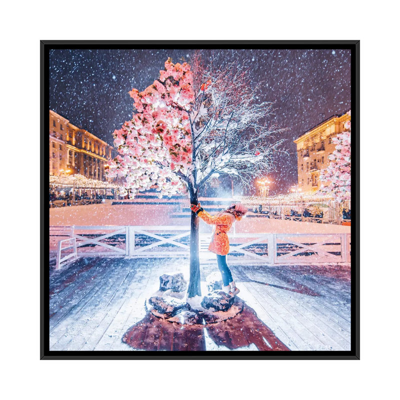 Printemps-hiver arbre par Hobopeeba-impression, Pas de tapis, H 18 po x l 18 po x 1,5 po, Toile avec cadre noir