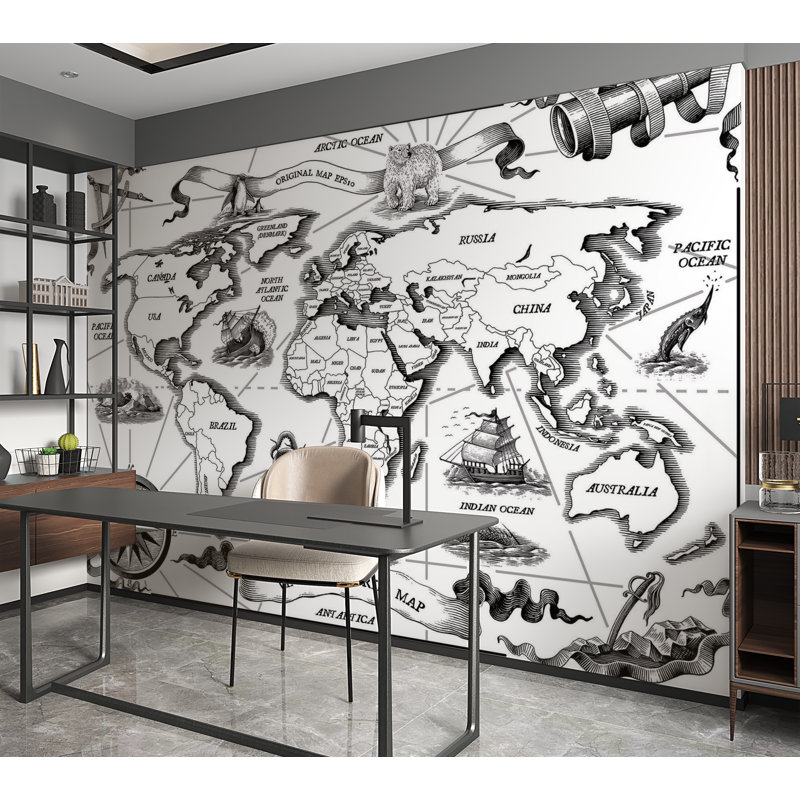Murale pelez et collez de qualité supérieure - carte du monde rétro, L 180 po x L 120 po