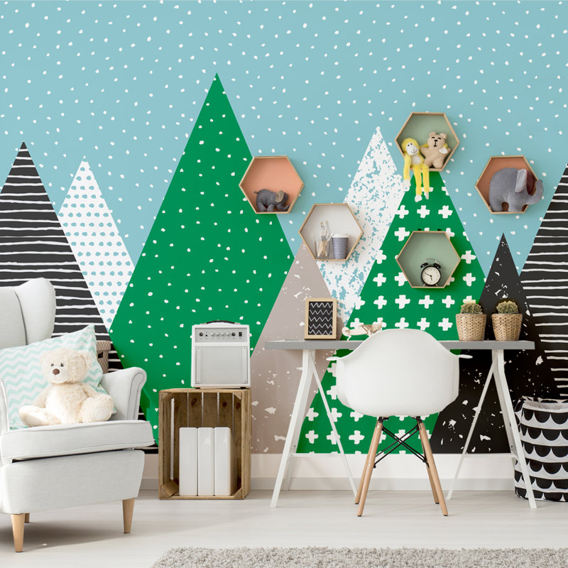 Rouleau de papier peint adhésif pour enfants montagnes Sandoval, H 108 po x l 120 po, Vert / bleu