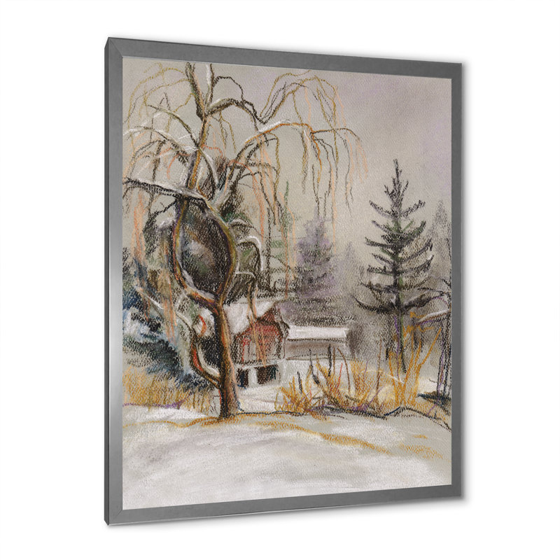 Winter Village Landscape II - peinture, H 12 po x l 8 po x P 1 po, Cadre photo argenté
