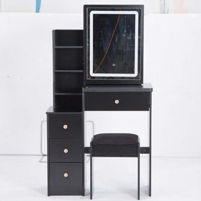 Petite coiffeuse 29,2 po avec tabouret de chevet gauche + grand tabouret rembourré, commande tactile, interrupteur tricolore, miroir à luminosité réglable, rangement grande capacité, convient aux petits espaces