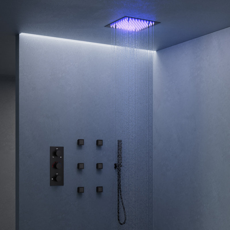 Thermostatic Rainfall Shower System, Ceiling Mount 12" LED Shower Head with Handheld Spray, 6 Body Jets Set, Matte Black
