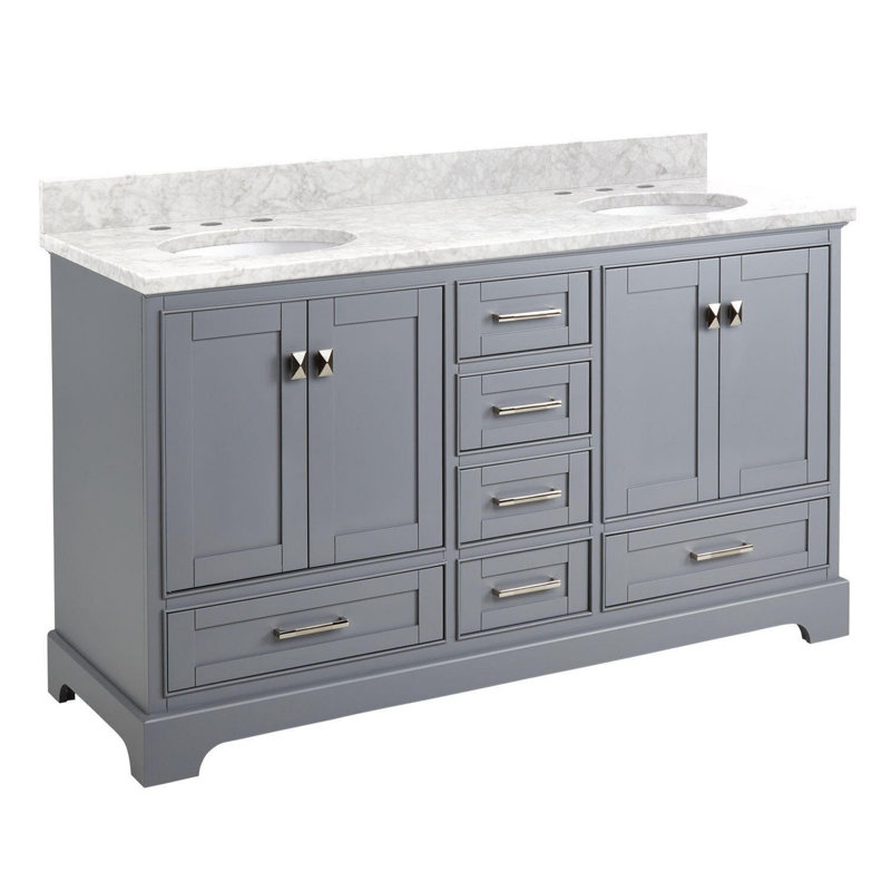 Quen 60" Freestanding Double Basin Vanity Set with Cabinet, Vanity Top, and Oval Undermount Sinks, Gray, Brushed Nickel