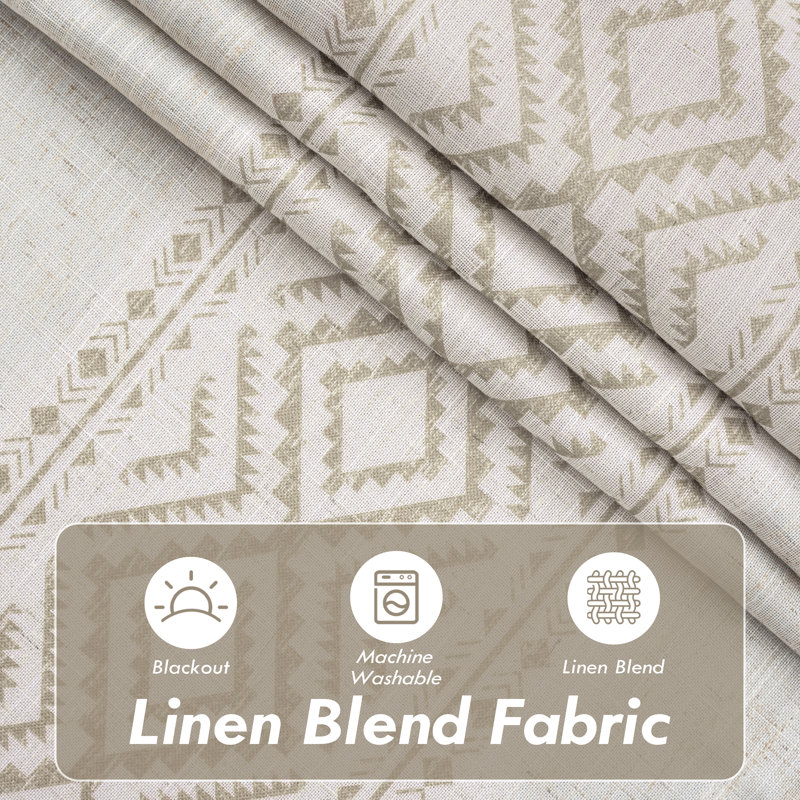 Boho Linen Blackout Curtains Double Layer Thermal Insulated Farmhouse Vintage Geo Retro Square Printed Pattern Lined Drapes for Living Room Bedroom Back Tab 2 Panels