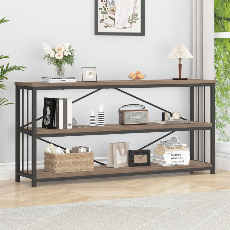 Horizontal Bookshelf, 63" Modern Cube Storage Organizer BookcaseWide Bookshelves, Industrial Long Wood Metal Book Shelf, Low Cube Shelf for Office Home Bedroom Living Room