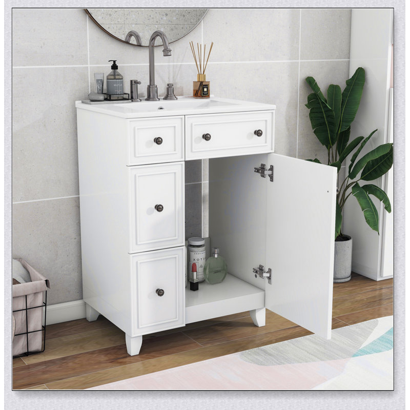 Meuble-lavabo de salle de bain avec lavabo en céramique et 2 tiroirs, Blanc, 18"