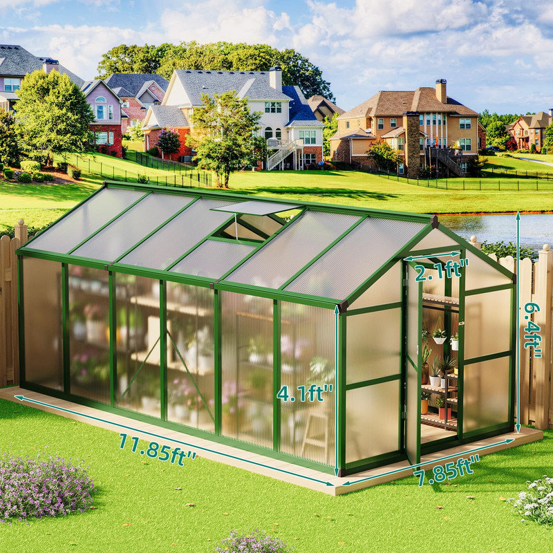 8' x 12' Walk-In Outdoor Greenhouse with Polycarbonate Panels, Aluminum Frame, Roof Vent, Lockable Door, and Rain Gutter for Garden and Backyard