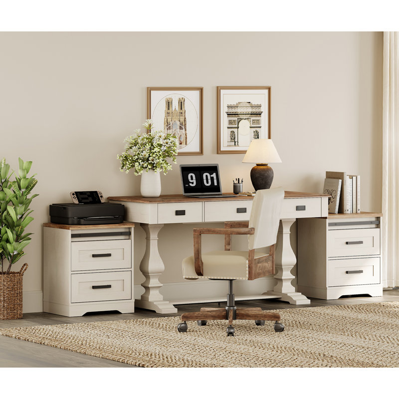 Bureau à domicile de 60 pouces de style rétro avec 2 tables d'appoint de rangement avec rangement à 3 tiroirs et centrales électriques intégrées