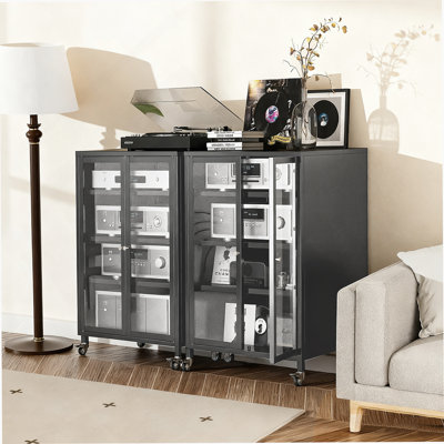Armoire de rangement avec roulettes, 4 tablettes réglables en verre pour le salon