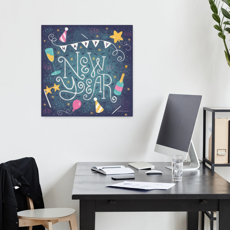 Art contemporain «Happy New Year» avec ballons, H 18 po x l 18 po