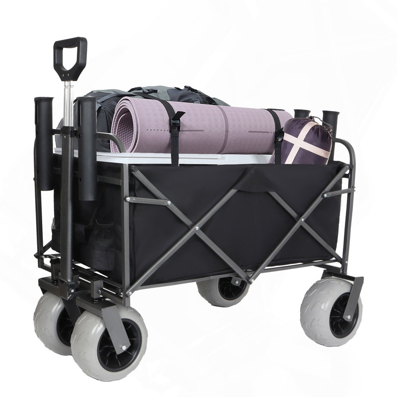 Chariot de plage et de pêche robuste avec grandes roues pneumatiques de 23 cm (9 po) pour le sable, chariot utilitaire en acier d'une capacité de 227 kg (500 lb) avec porte-cannes et sangles, noir