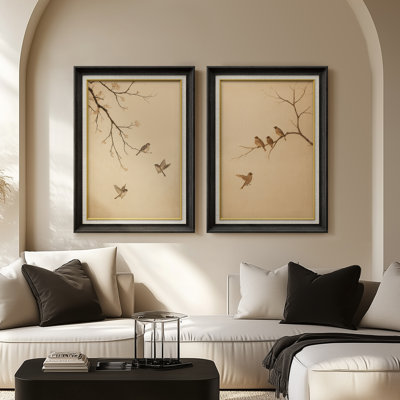 Soft Neutral Bird Branch Silhouette Minimal Rustic - Set of 2 Premium Framed Wall Art Print on Paper 26"x36"