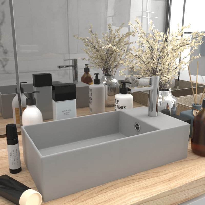 Belfry Bathroom Kettering 480mm L x 250mm W Ceramic Rectangular Sink with Overflow, Light Grey