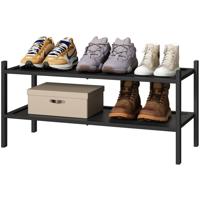 Stackable 2-Tier Industrial Shoe Rack 11"X27"X13" - Versatile Storage Solution For Closet And Hallway, Black