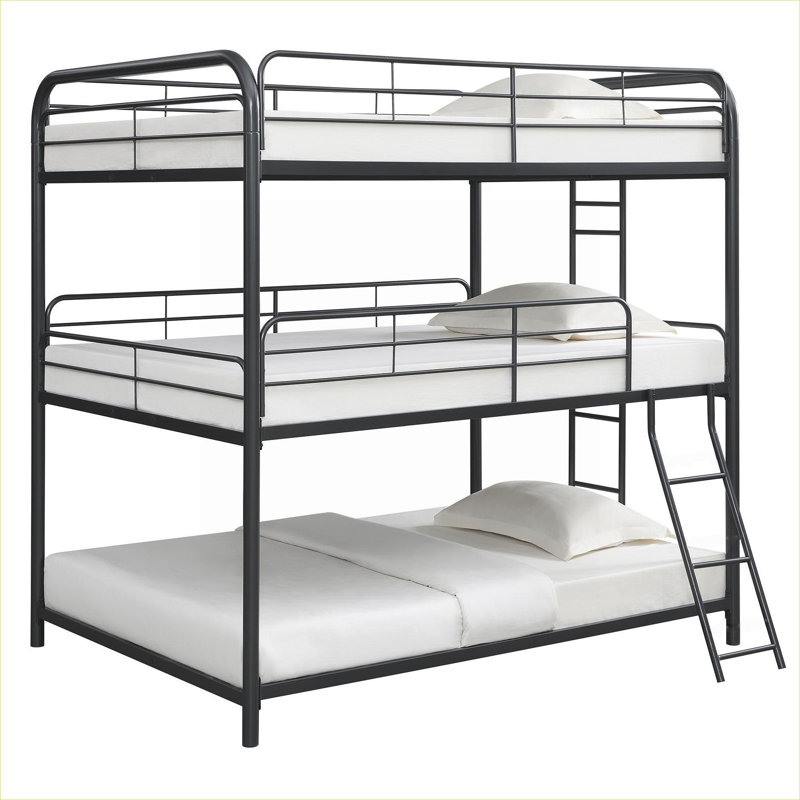 Three Full-Size Modern Triple Bunk Bed, Fixed Stacked Space-Saving Frame, Deep Black Metal Construction
