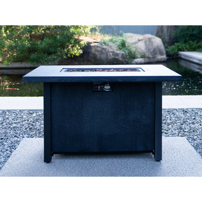 Table de foyer d'extérieur au propane de 25 po de hauteur, 50000 BTU, fibre de verre et fer, endurance à haute température, rouille, utilisation durable, conception à grain de charbon de bois, noir, foyer de patio American Garden Decor 50000 BTU