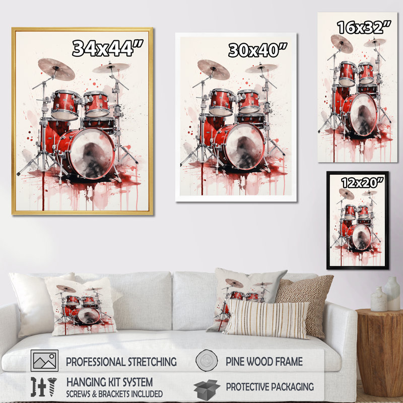 «Music Drums Pulse Deep Red III» sur toile, H 32 po x l 16 po x P 1 po, Cadre simple noir
