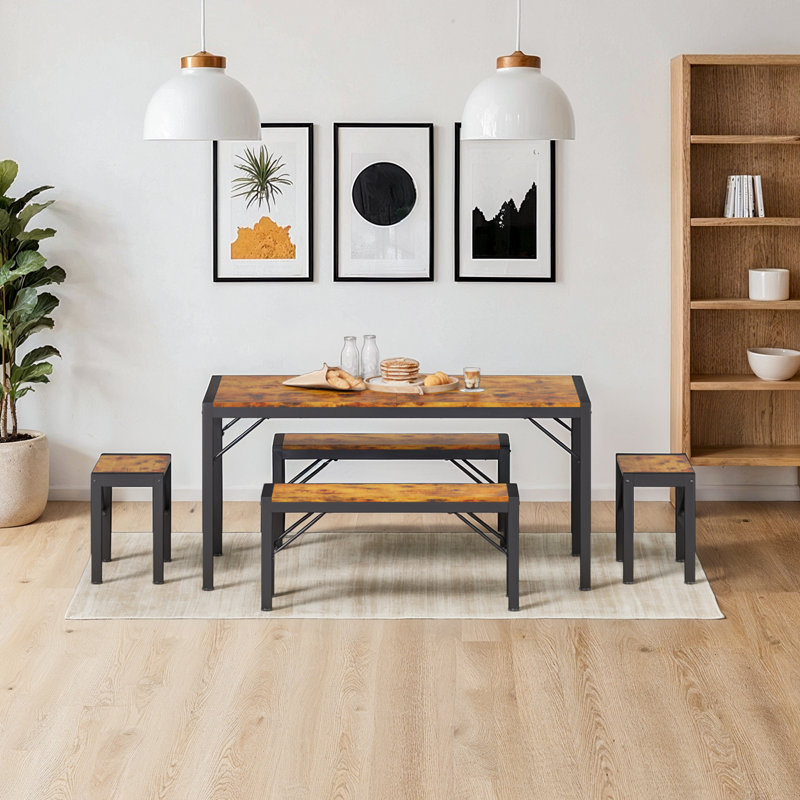 Pendry 6 - Person Dining Set, Dining Table with 2 Long Benches and 2 Short Benches, Brown