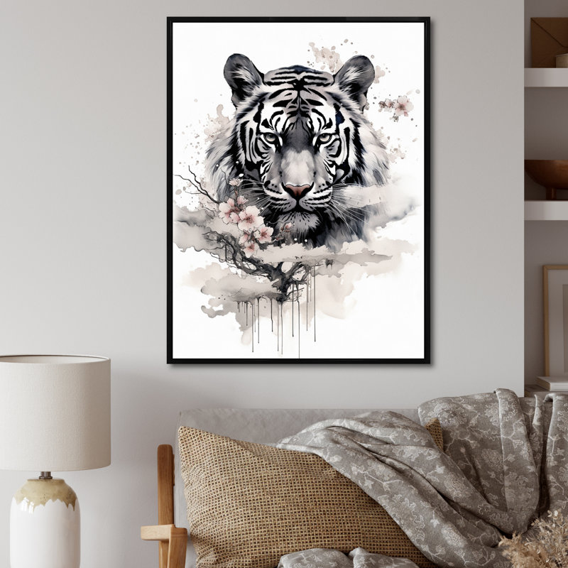 Asian Asian Tiger Sumi - Art asiatique encadré, art mural, salon, H 32 po x l 16 po x P 1 po, Cadre flottant noir