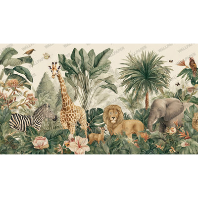 Papier peint animaux Safari Jungle | Papier peint adhésif pour chambre de bébé | Panneau mural Tropical Safari pour chambre d'enfant